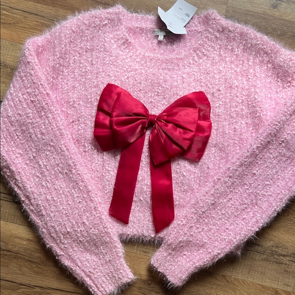 Simply Southern Pink Fuzzy Sweater with Red Bow - Picture 3 of 3